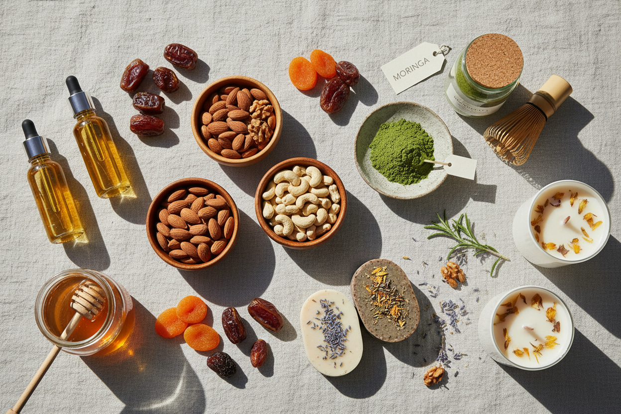 generates an image that contains nuts , matcha , moringa , dried fruits , oils , soaps, honey , candles